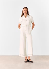 Ivory Denim Pintuck Belted Jumpsuit