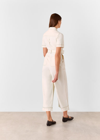 Ivory Denim Pintuck Belted Jumpsuit