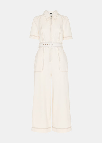 Ivory Denim Pintuck Belted Jumpsuit