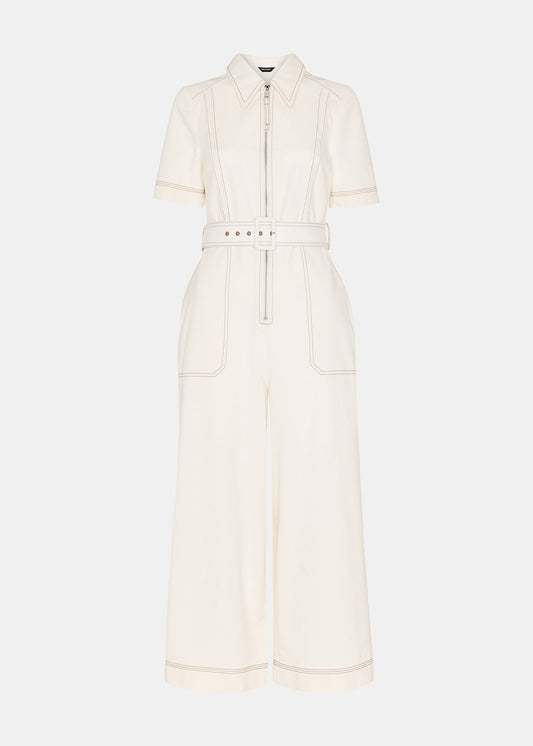 Ivory Denim Pintuck Belted Jumpsuit