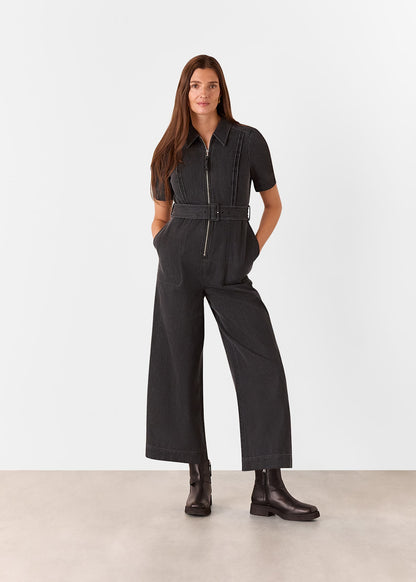 Washed Black Denim Pintuck Belted Jumpsuit