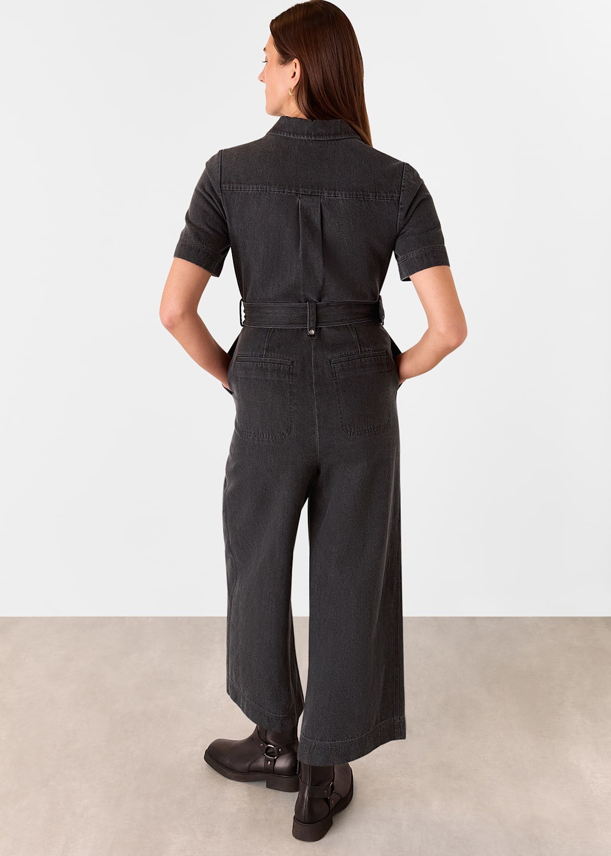 Washed Black Denim Pintuck Belted Jumpsuit