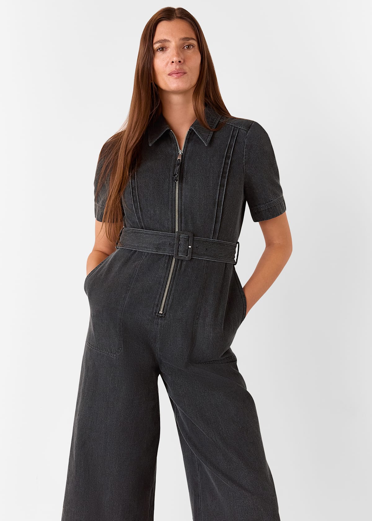 Washed Black Denim Pintuck Belted Jumpsuit