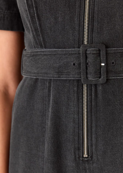 Washed Black Denim Pintuck Belted Jumpsuit