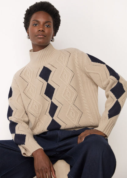 Ivory/Multi Diamond Cable Wool Detail Knit