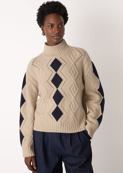 Ivory/Multi Diamond Cable Wool Detail Knit