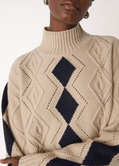 Ivory/Multi Diamond Cable Wool Detail Knit