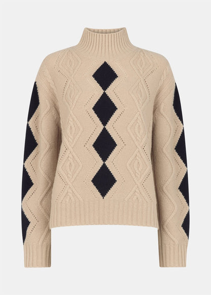 Ivory/Multi Diamond Cable Wool Detail Knit