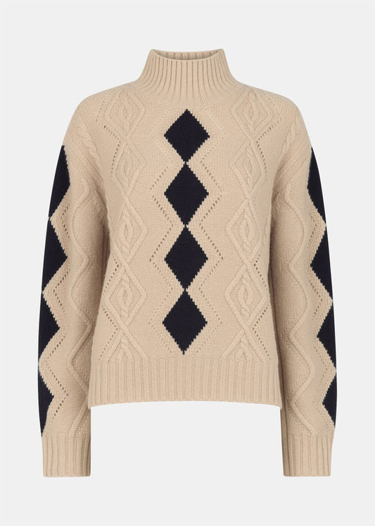 Ivory/Multi Diamond Cable Wool Detail Knit