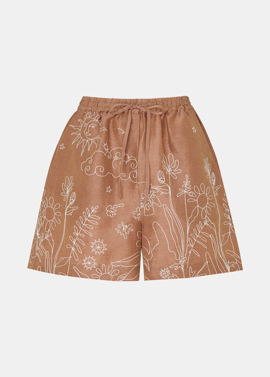 Brown/Multi Embroidered Scribble Shorts