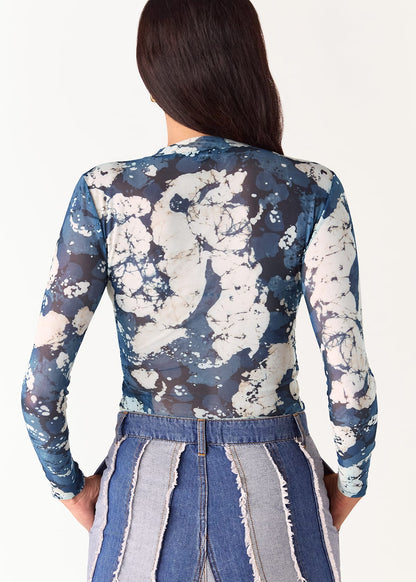 Blue/Multi Batik Marble Gathered Mesh Top