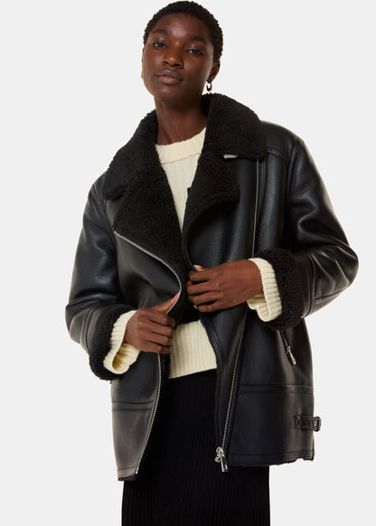 Black/Multi Faux Fur Aviator Jacket