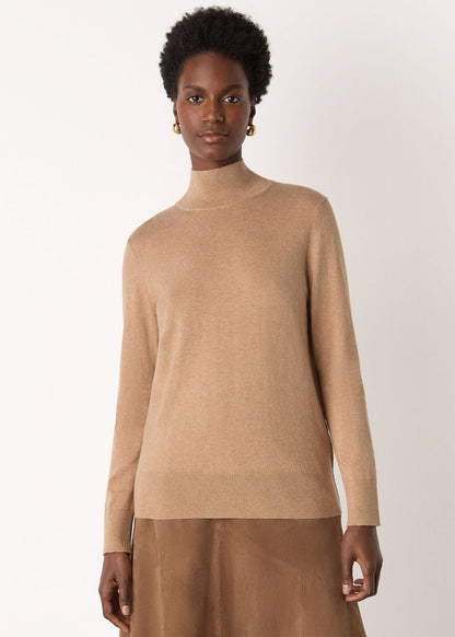Camel Fine Wool Mix Funnel Neck Knit