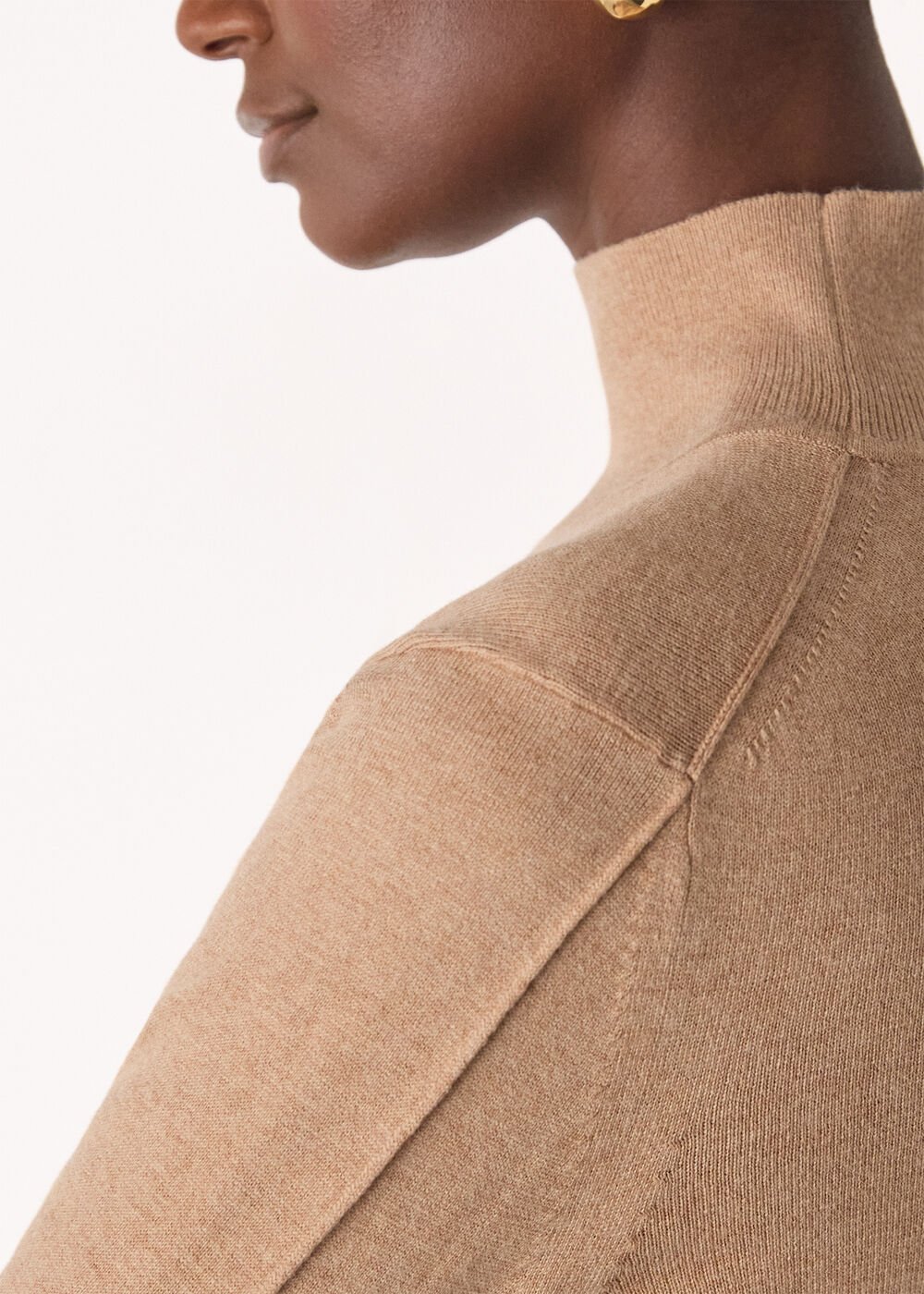 Camel Fine Wool Mix Funnel Neck Knit