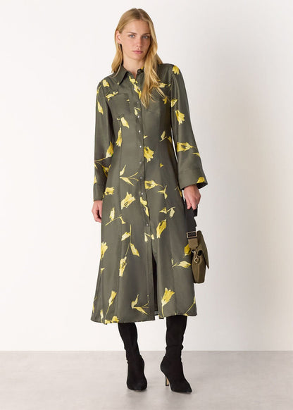 Green Floral Silk Shirt Midi Dress