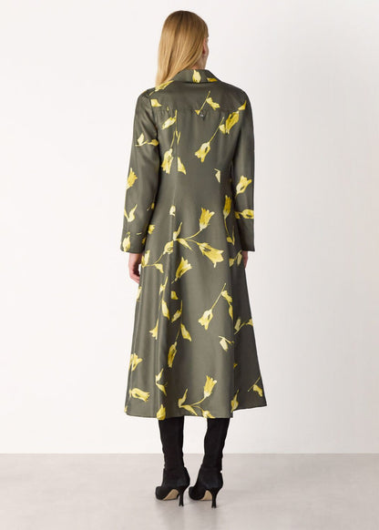 Green Floral Silk Shirt Midi Dress