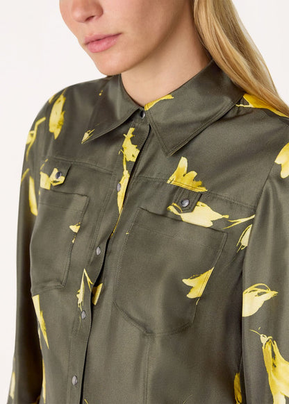 Green Floral Silk Shirt Midi Dress