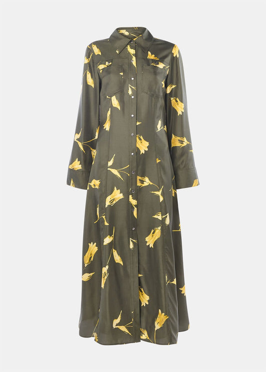 Green Floral Silk Shirt Midi Dress