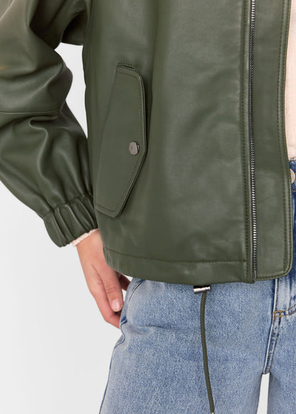 Khaki Frida Leather Bomber Jacket