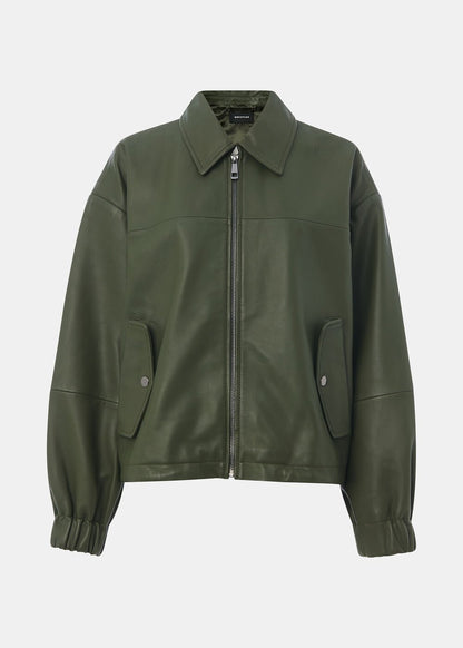 Khaki Frida Leather Bomber Jacket