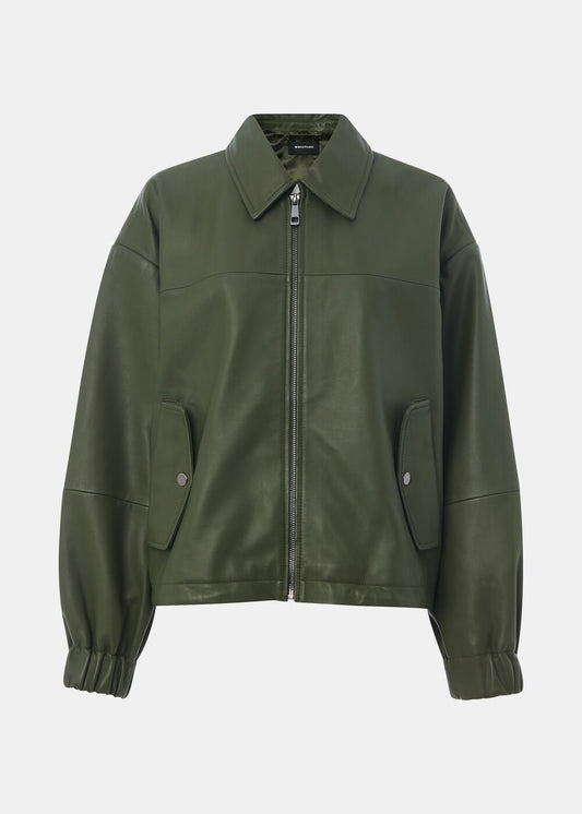 Khaki Frida Leather Bomber Jacket