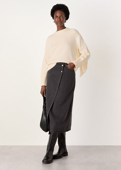 Ivory Fringe Rib Detail Cotton Knit