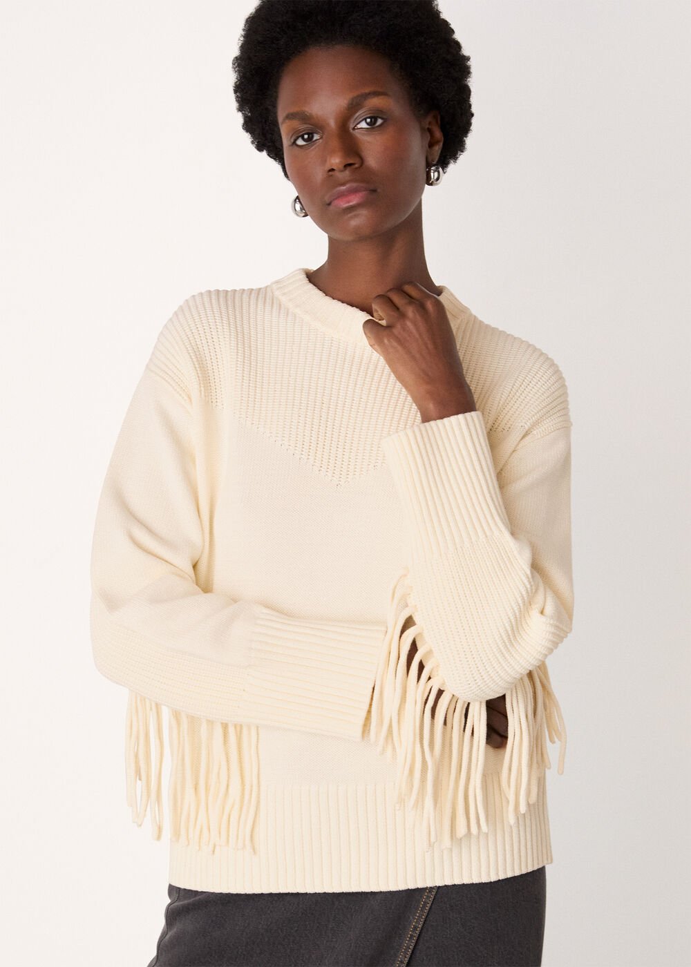 Ivory Fringe Rib Detail Cotton Knit
