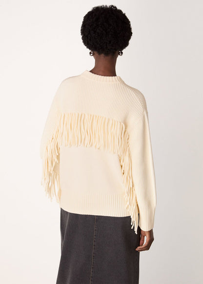 Ivory Fringe Rib Detail Cotton Knit