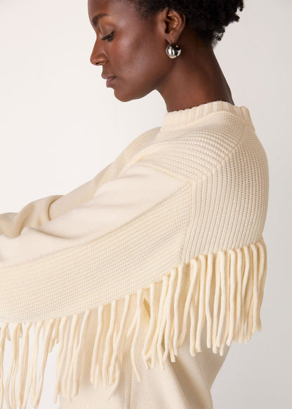 Ivory Fringe Rib Detail Cotton Knit
