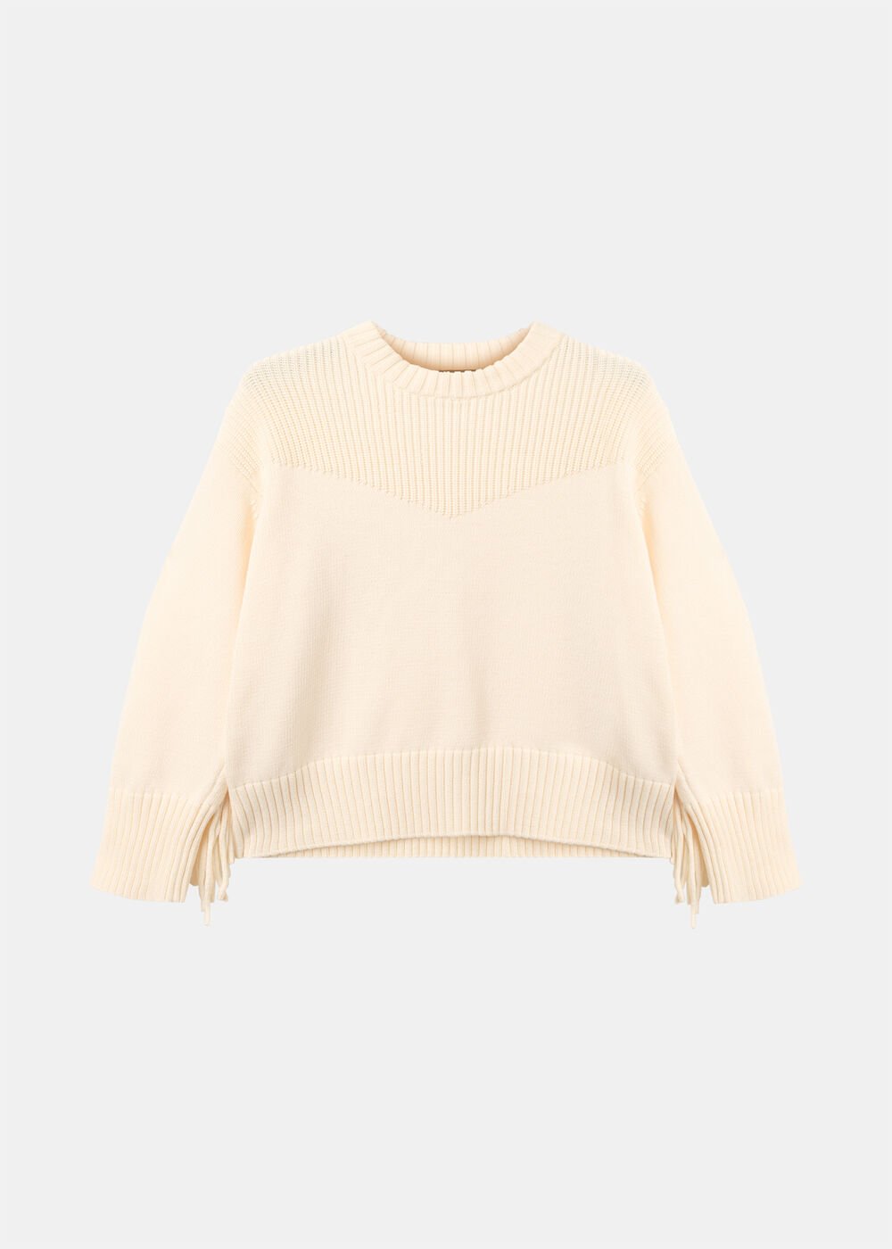 Ivory Fringe Rib Detail Cotton Knit