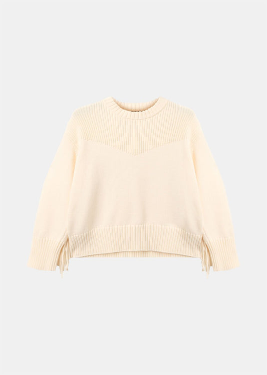Ivory Fringe Rib Detail Cotton Knit