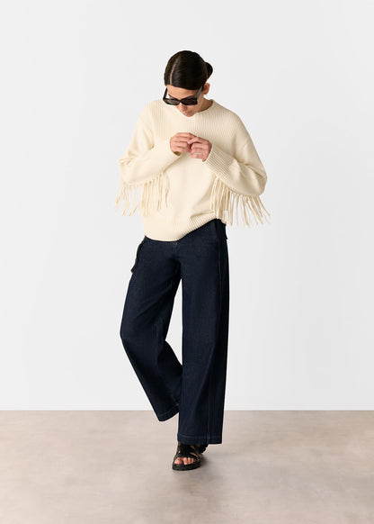 Ivory Fringed Rib Detail Sweater