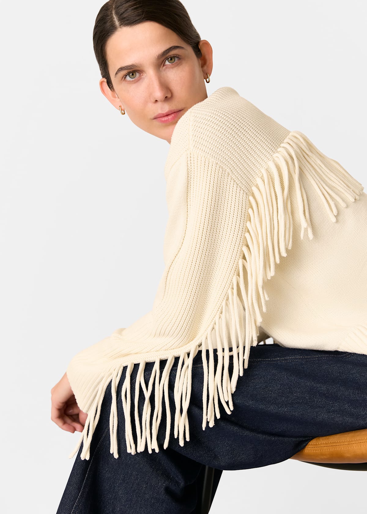 Ivory Fringed Rib Detail Sweater