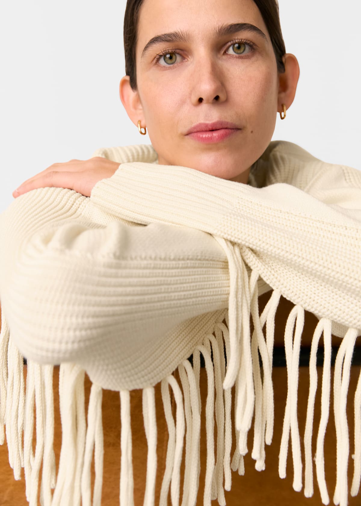 Ivory Fringed Rib Detail Sweater