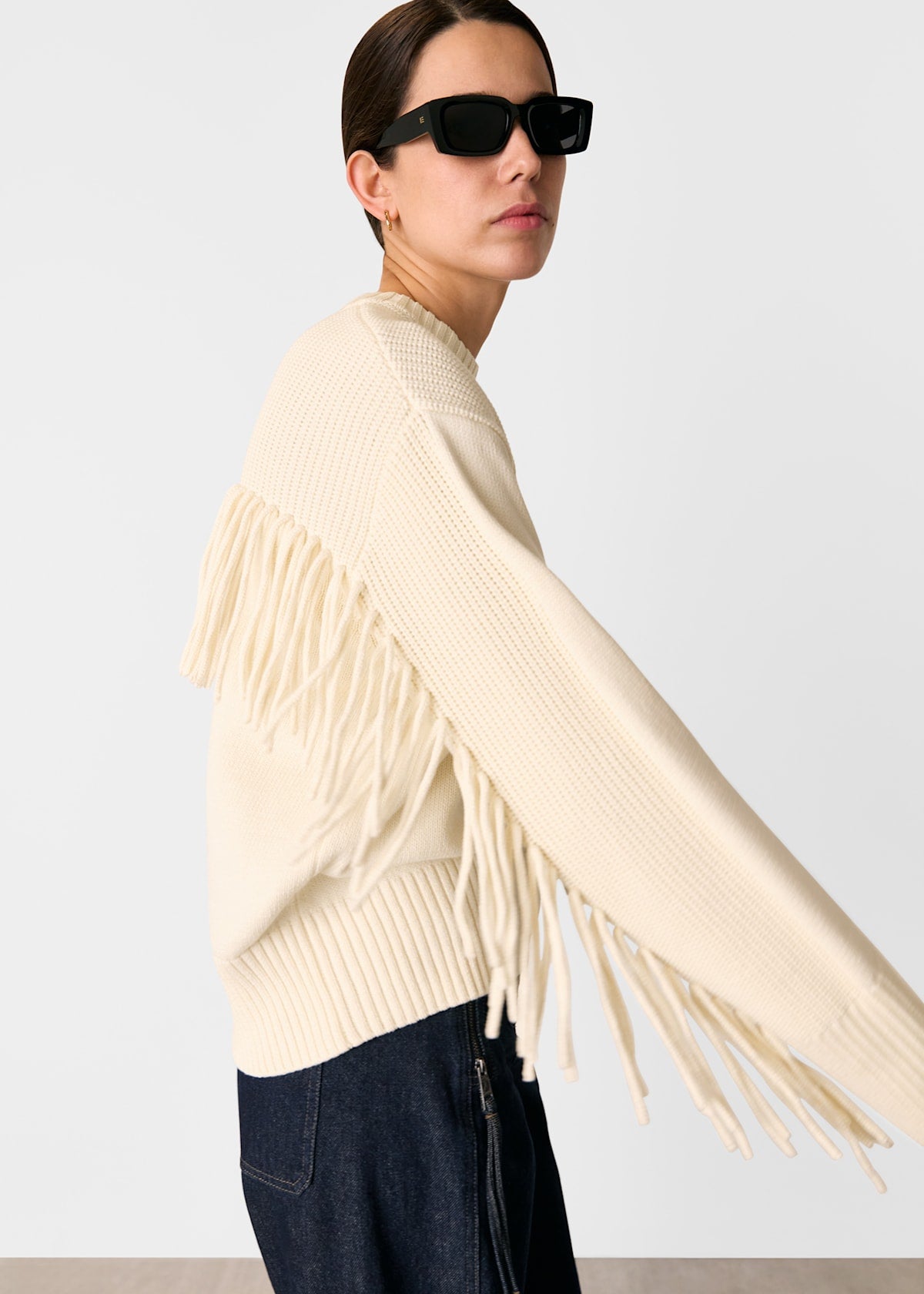 Ivory Fringed Rib Detail Sweater