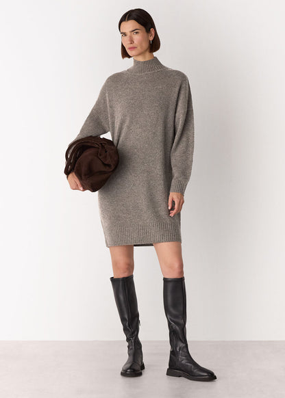 Taupe Funnel Neck Wool Mini Dress
