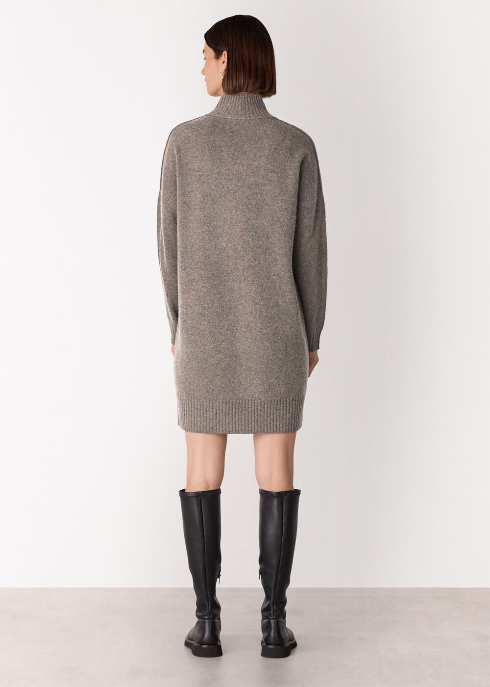 Taupe Funnel Neck Wool Mini Dress
