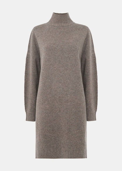 Taupe Funnel Neck Wool Mini Dress
