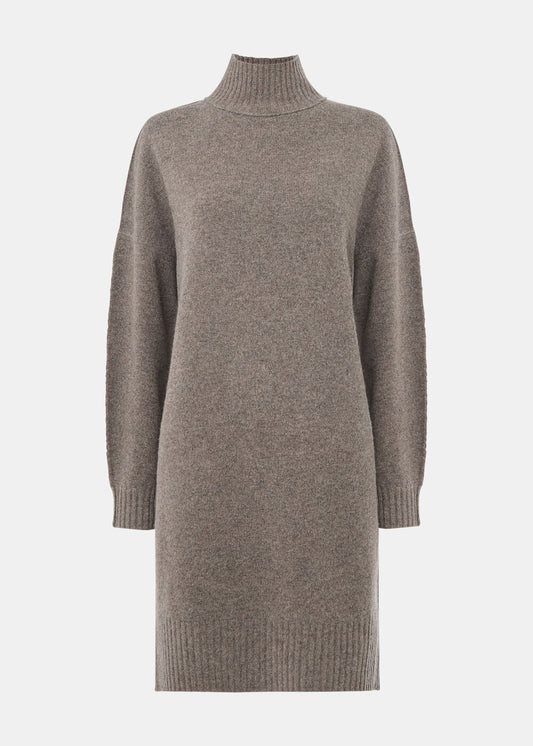Taupe Funnel Neck Wool Mini Dress