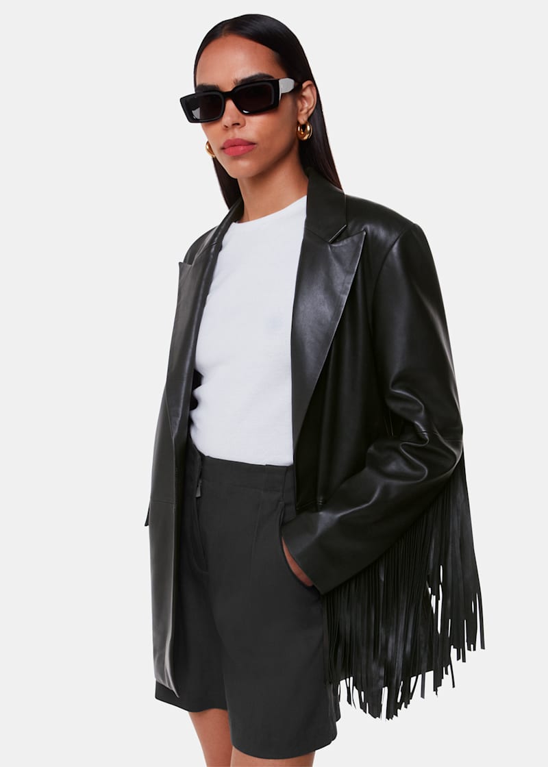 Black Gia Leather Fringed Jacket