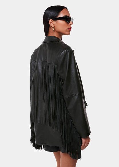 Black Gia Leather Fringed Jacket