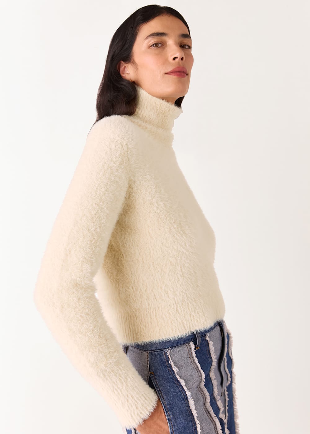 Beige Isla Cropped Fluffy High Neck Top