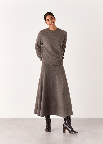 Taupe Wool Knitted Flare Midi Skirt