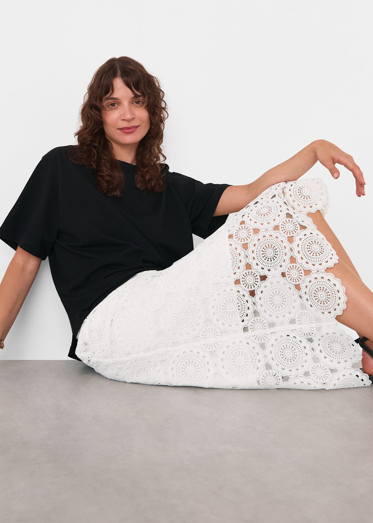 White Lace Column Midi Skirt