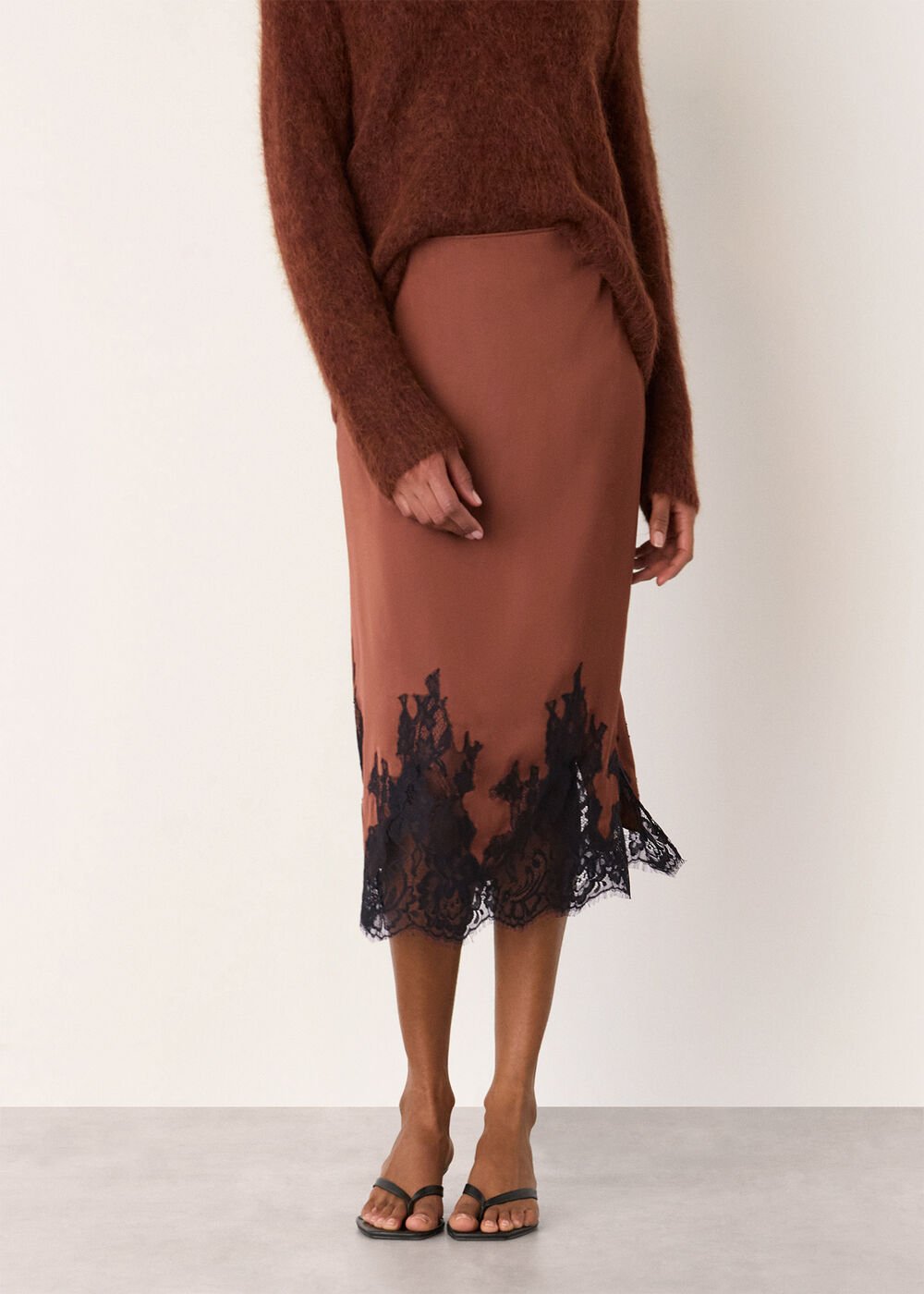 Brown/Multi Lace Hem Satin Midi Skirt