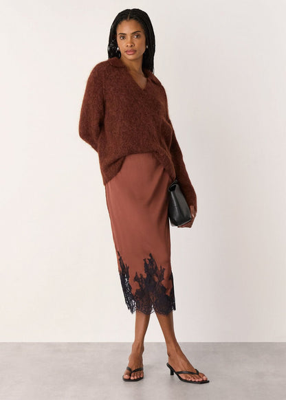 Brown/Multi Lace Hem Satin Midi Skirt