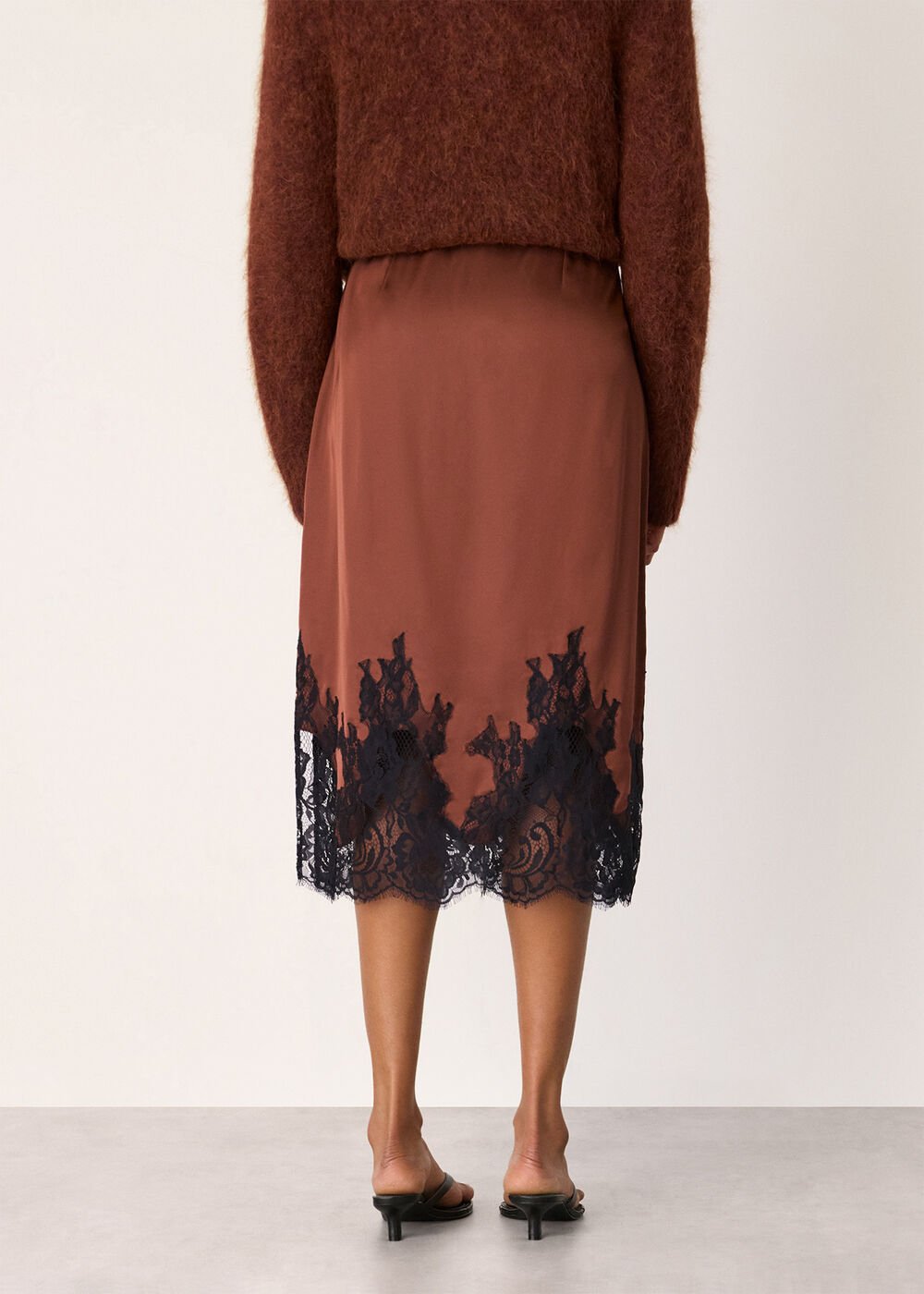 Brown/Multi Lace Hem Satin Midi Skirt
