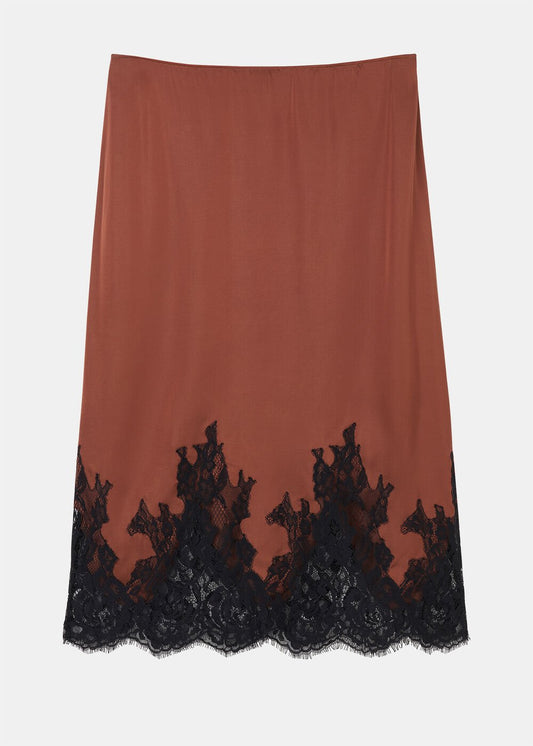 Brown/Multi Lace Hem Satin Midi Skirt