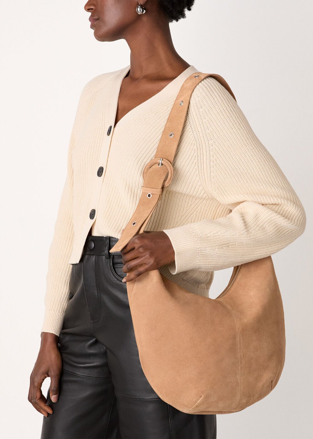 Taupe Large Sia Curved Suede Bag