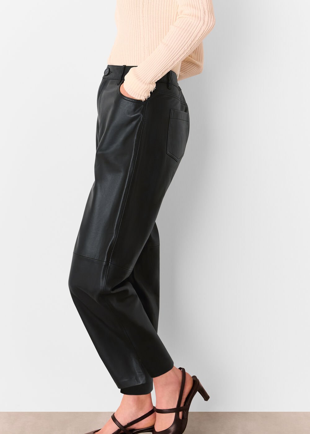 Black Leather Barrel Leg Trouser